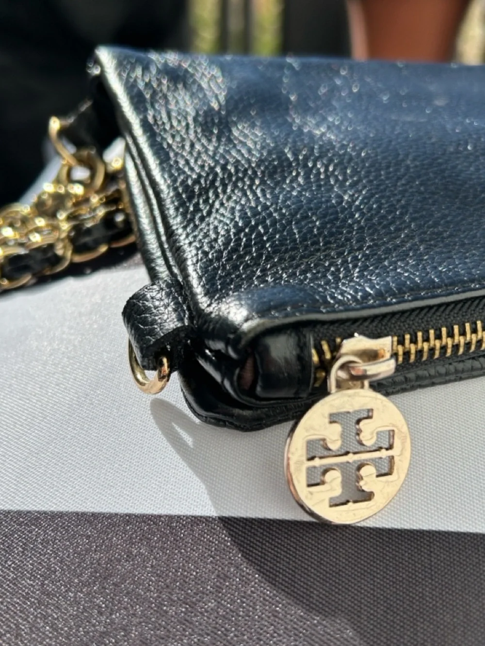 Tory Burch Black Leather Shoulder Bag with Gold Chain‎ & Logo